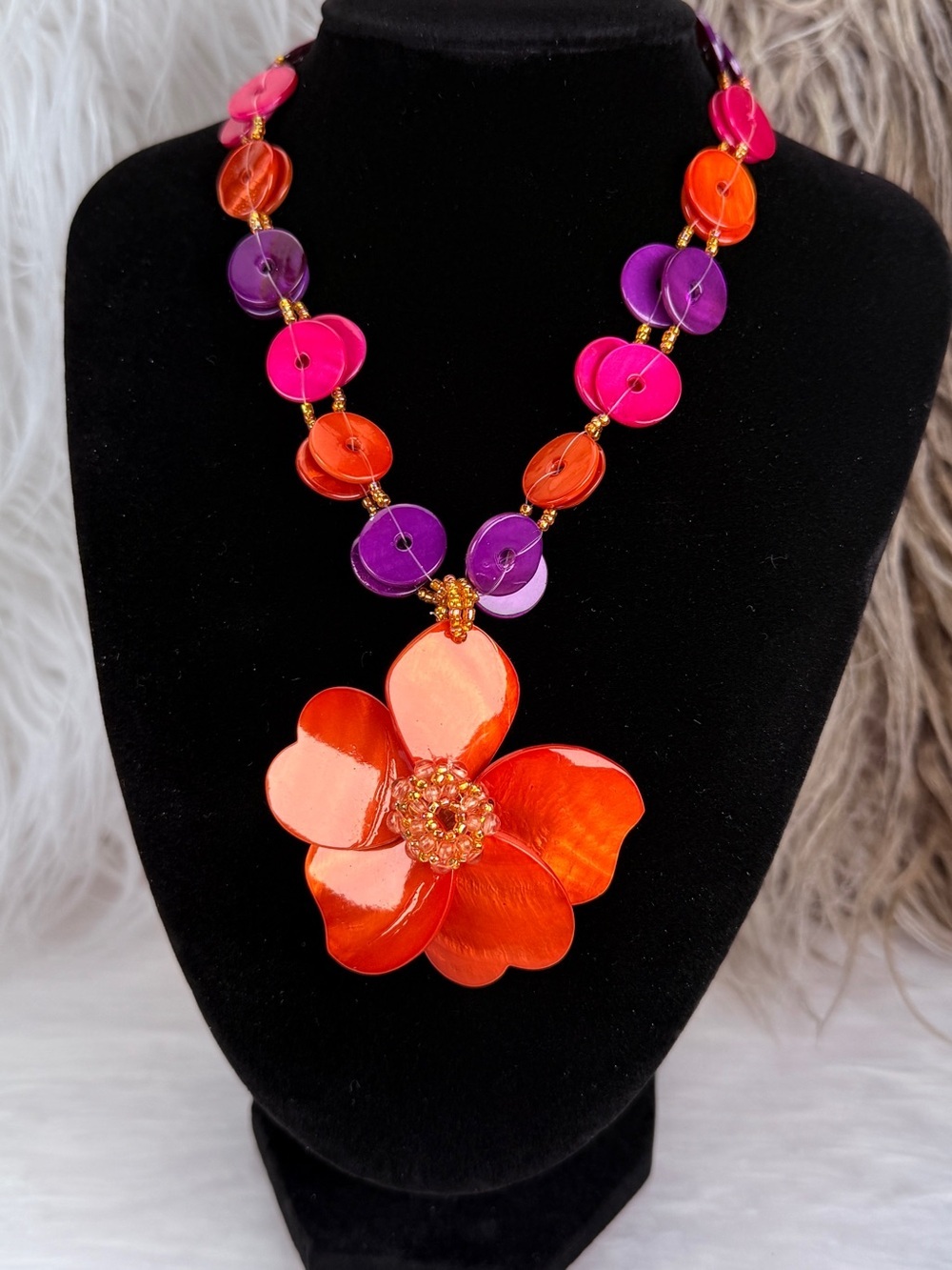 Orange Pink Purple Flower Pendant Button Disc Statement Necklace 16 Inch
